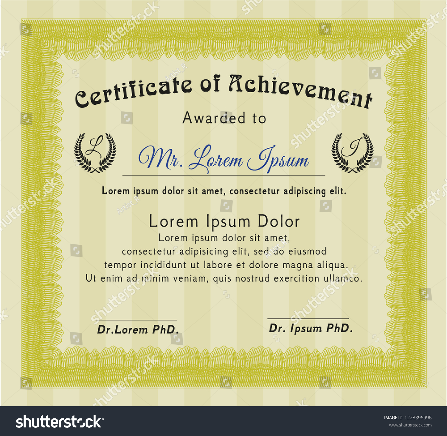 Yellow Diploma or certificate template. With guilloche pattern and background. Detailed. Superior design.  #1228396996