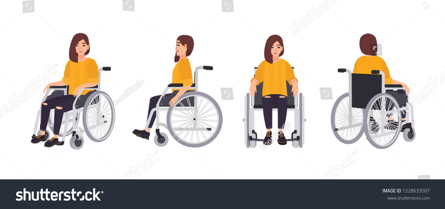 Smiling young woman in wheelchair isolated on white background. Female character undergoing rehabilitation after trauma or disease. Front, side, back views. Vector illustration in flat cartoon style. #1228633507