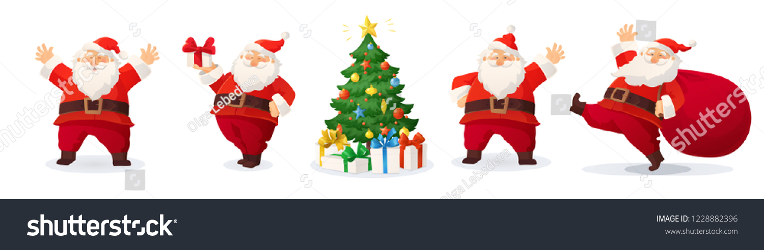 Cartoon vector illustrations of Santa Claus and decorated Christmas tree with presents. Winter holidays design elements isolated on white. Funny and cute retro character. For new year cards, banners #1228882396