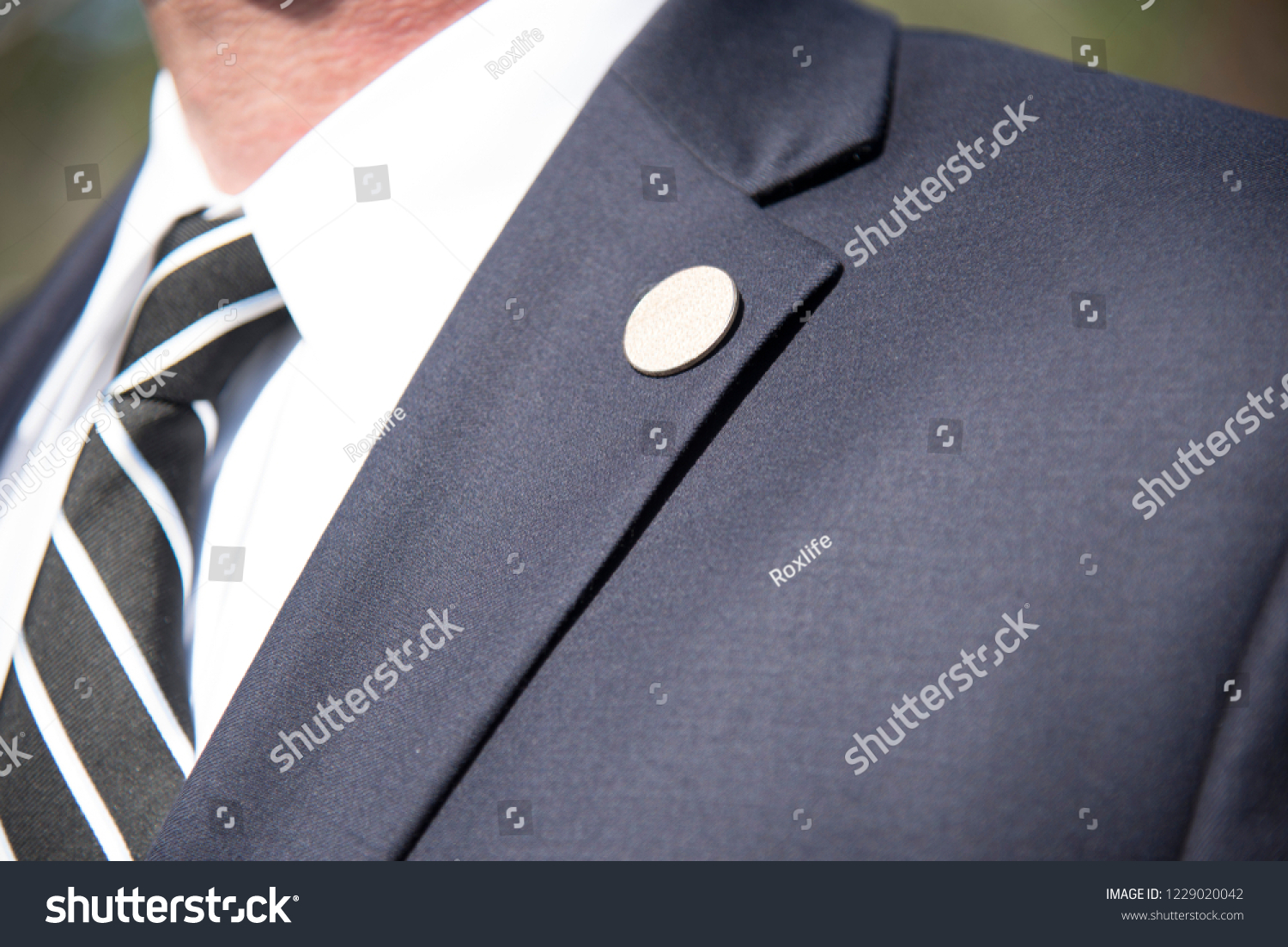 Mens suit Lapel pin closeup of tailored business suit and tie corporate meeting #1229020042