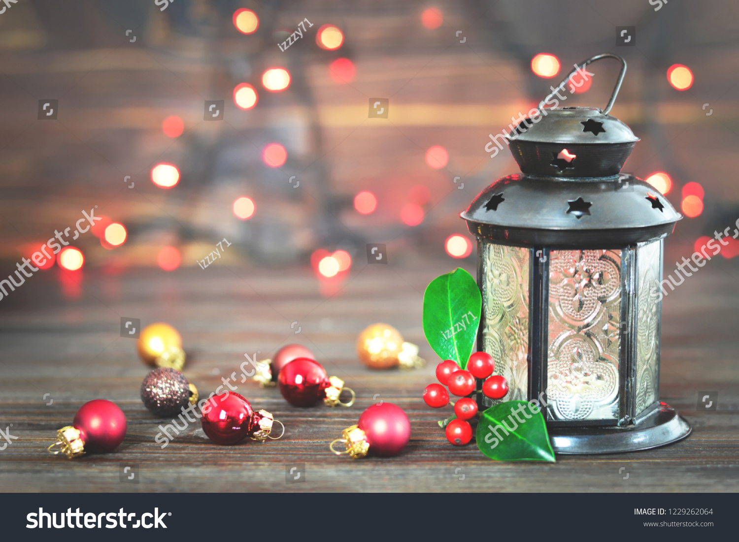 Christmas card with Christmas lantern and natural decoration. Christmas and New Year greeting card concept. Festive holiday composition with copy space	 #1229262064