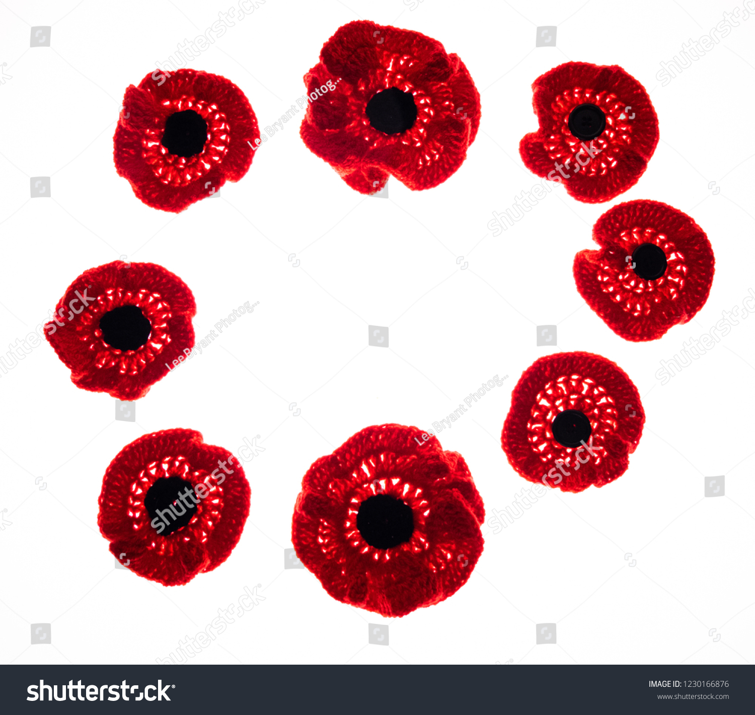 Collection Of Knitted Red Poppies Isolated On White Background #1230166876