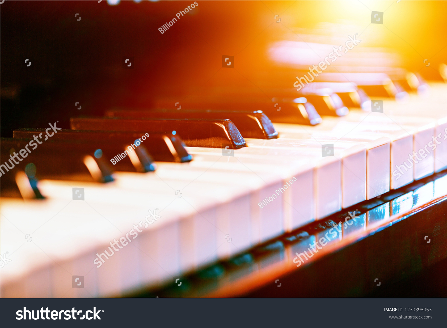 The piano was set up in the music room by the windows in the morning to allow the pianist to rehearse before the classical piano performance in celebration of the great businessman's success. #1230398053