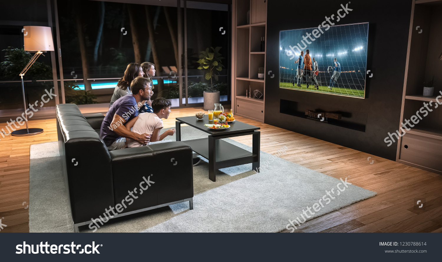 A family is watching a soccer moment on the TV and celebrating a goal, sitting on the couch in the living room. The living room is made in 3D. #1230788614