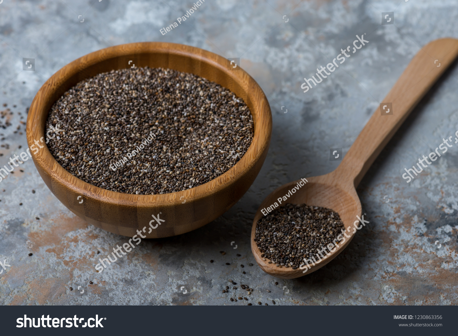 chia seeds on grey  background, sellective focus. Superfood #1230863356
