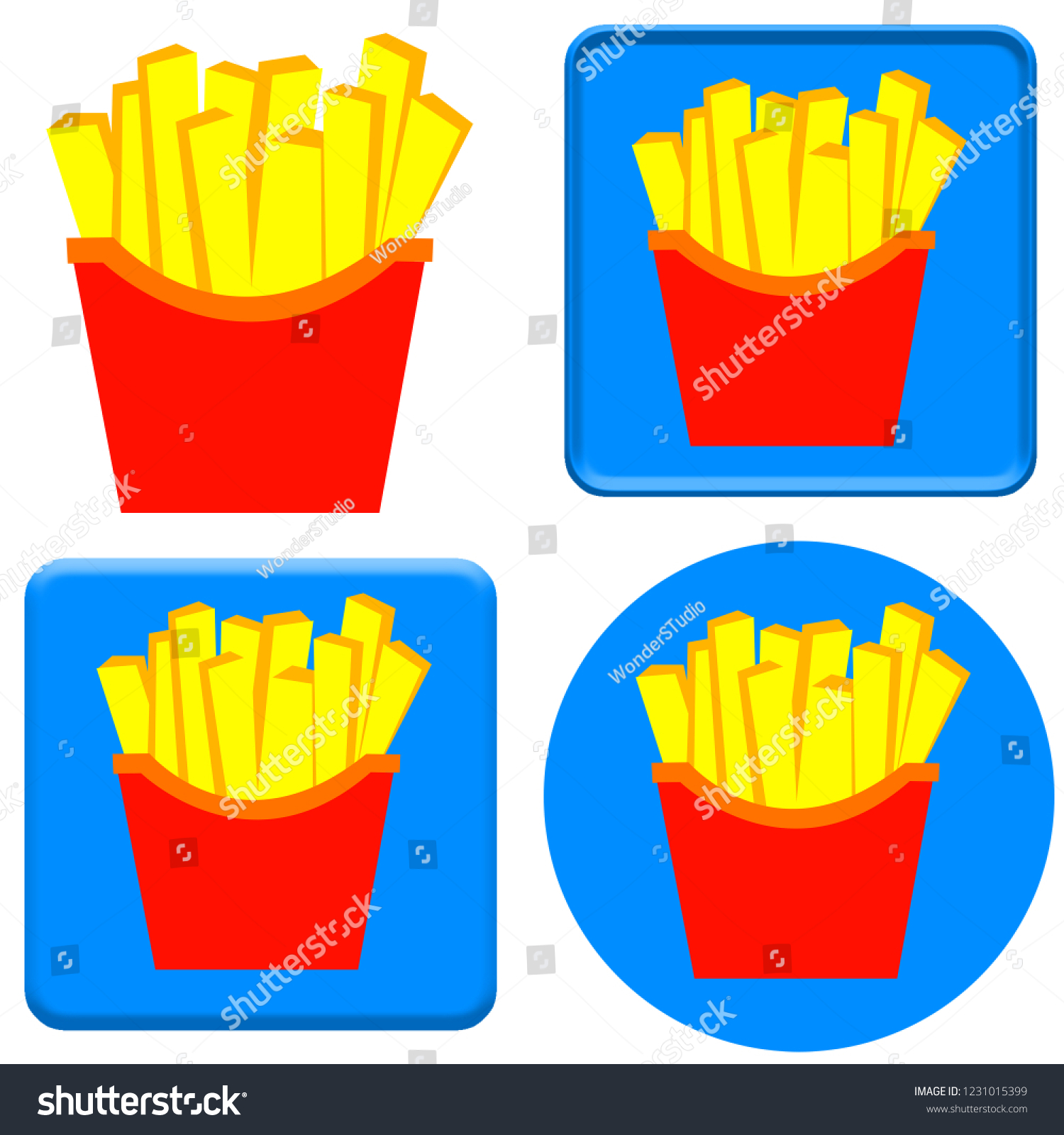 French Fry icon set. French Fry icon isolated on white background. French Fry icon on squares blue background . French Fry icon on cycle blue background. #1231015399