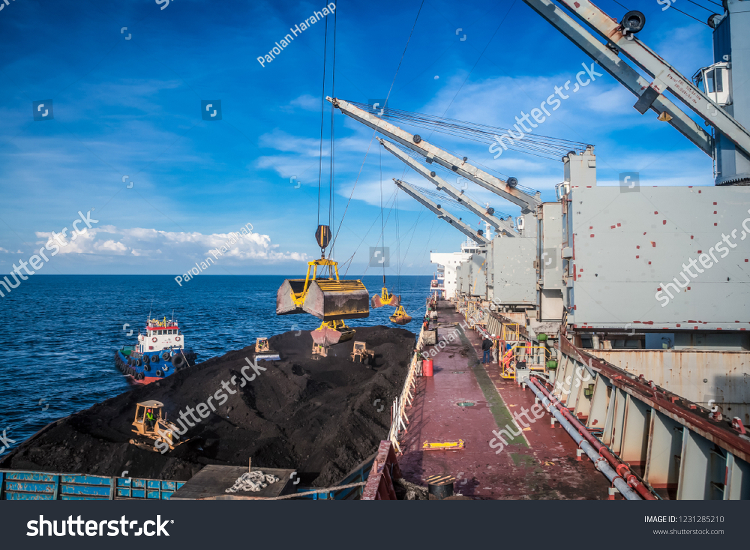 Coal transfer from vessel to a mother vessel using crane in the middle of the sea #1231285210