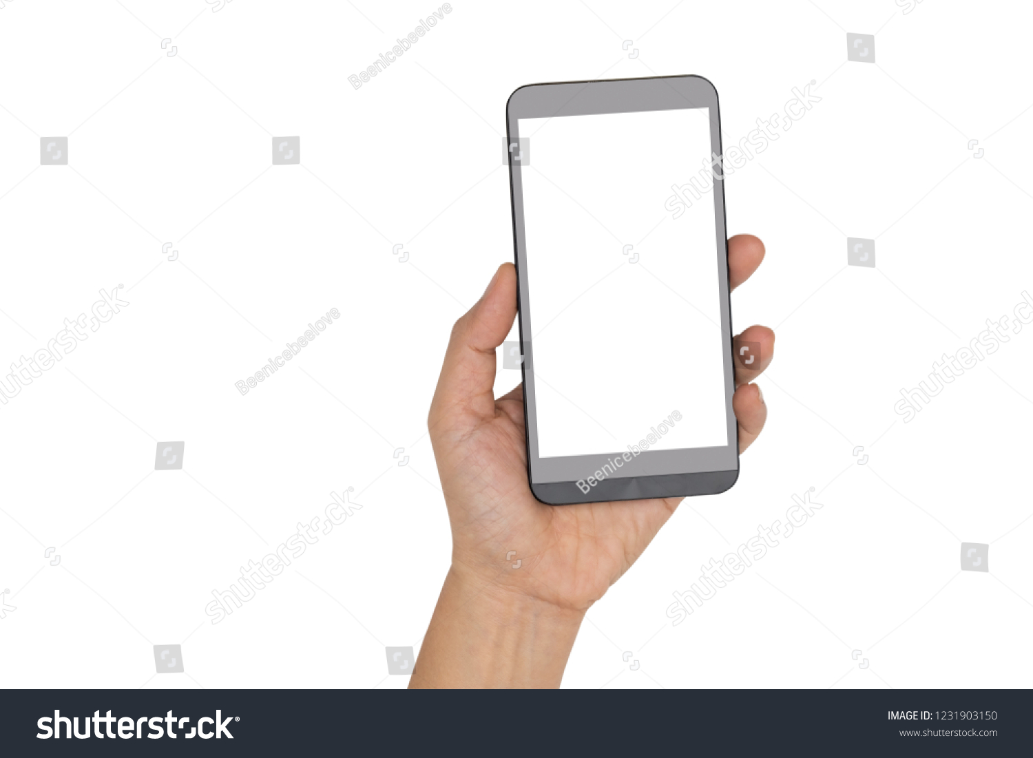 hand holding smartphone isolated on white background #1231903150