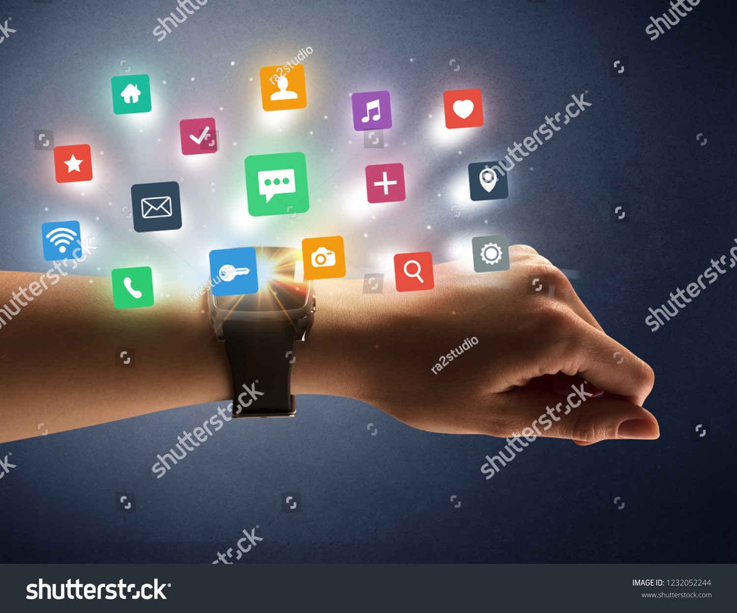 Naked female hand with smartwatch and  application labels around and dark background #1232052244