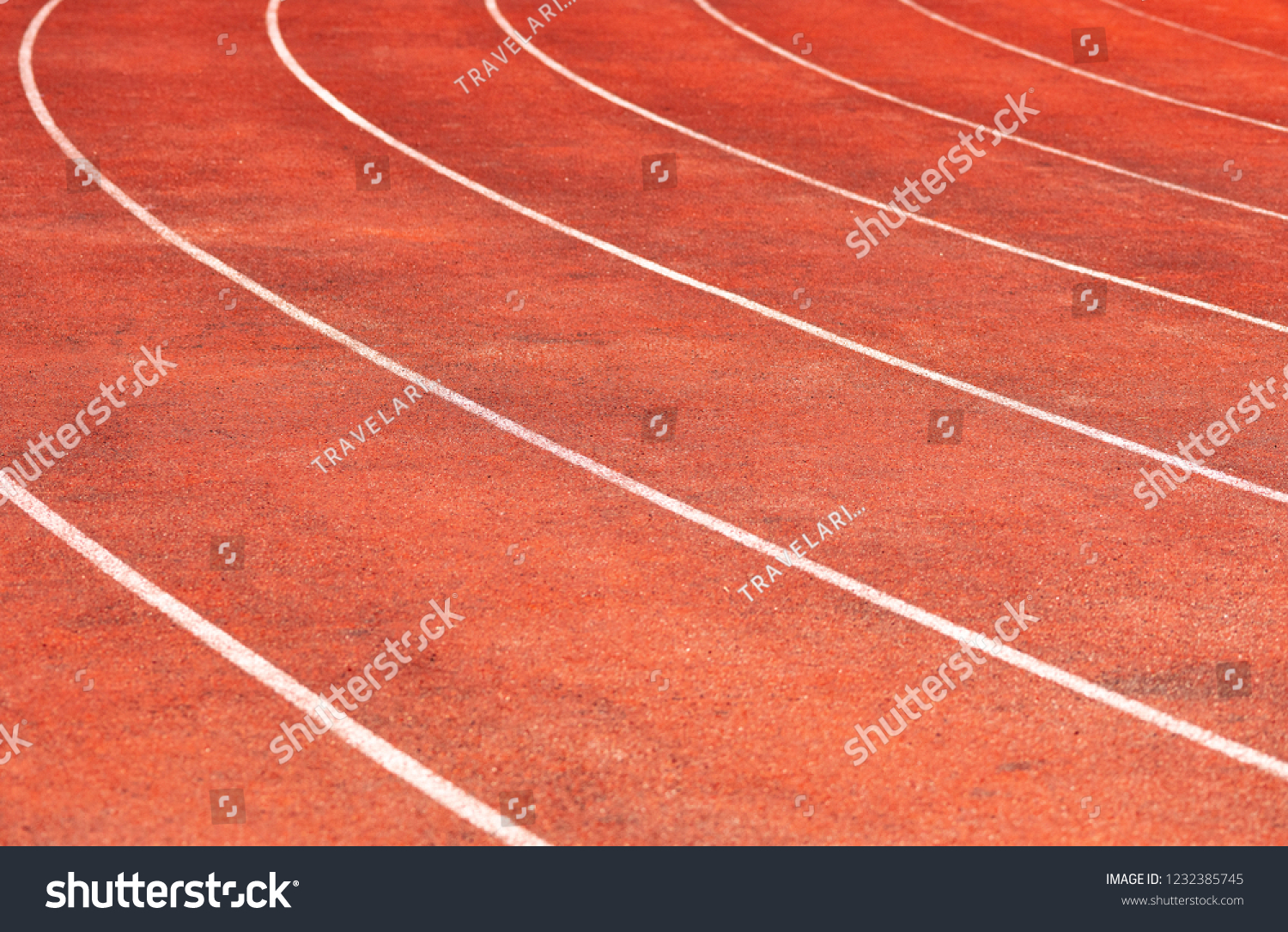 Stadium track for running and athletics competitions. New synthetic rubber treadmill. Empty racetrack. #1232385745