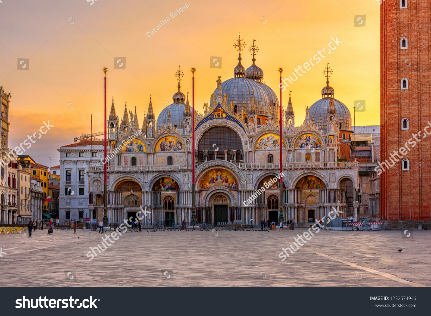 View of Basilica di San Marco and on piazza San Marco in Venice, Italy. Architecture and landmark of Venice. Sunrise cityscape of Venice. #1232574946