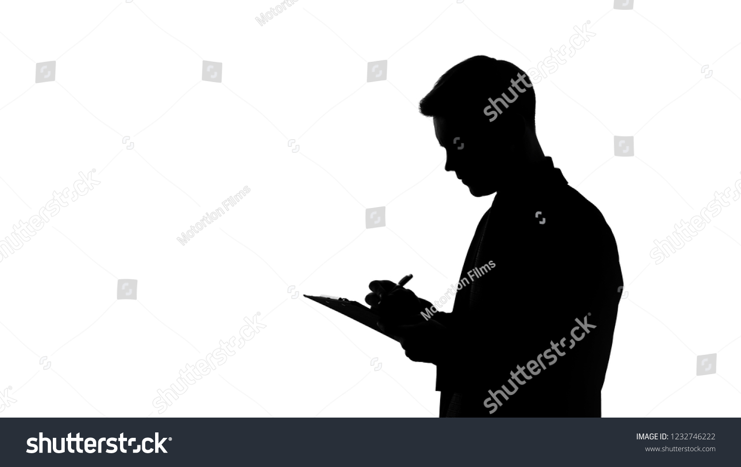 Man silhouette writing answers into questionnaire sheet, statistical surveys #1232746222