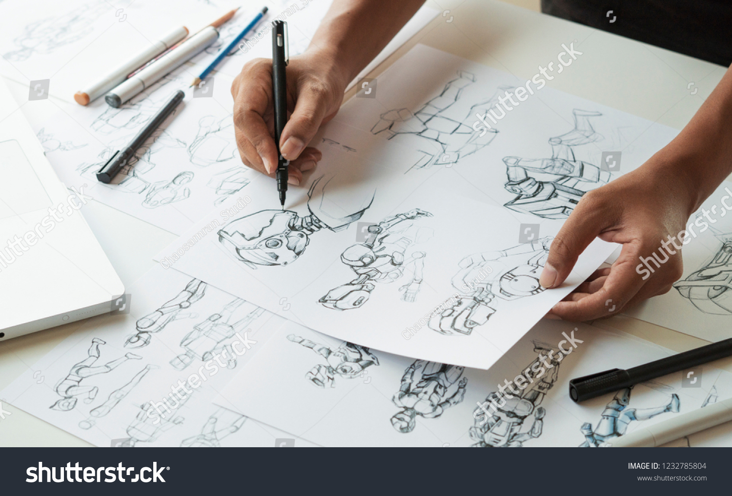Animator designer Development designing drawing sketching development creating graphic pose characters sci-fi robot Cartoon illustration animation video game film production , animation design studio. #1232785804