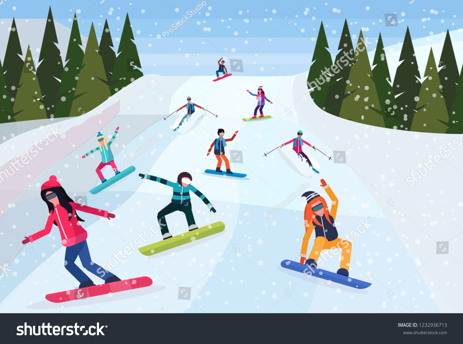 snowboarders sliding down snowy mountain hill - Royalty Free Stock ...