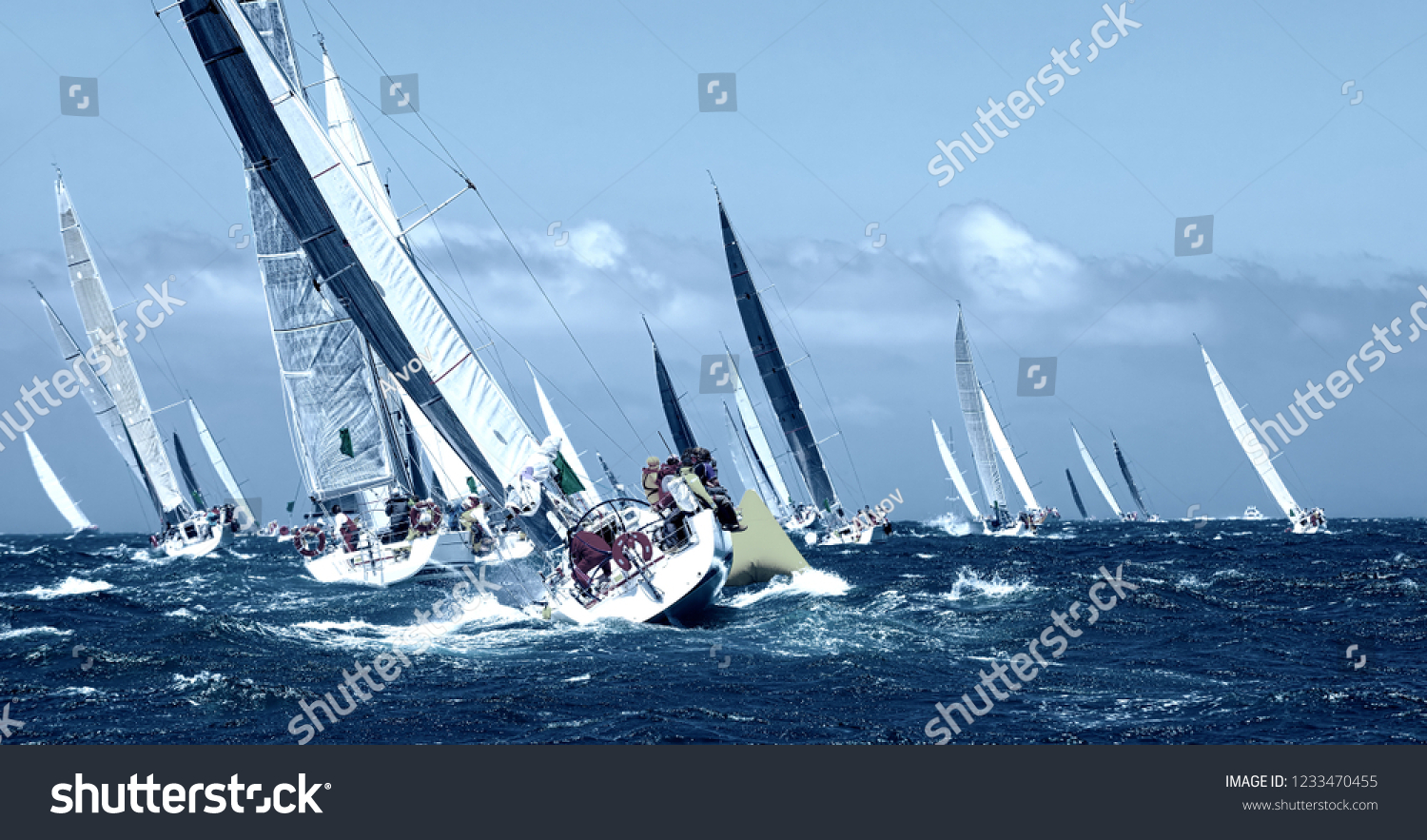 Sailboat under white sails at the regatta. Sailing yacht race #1233470455
