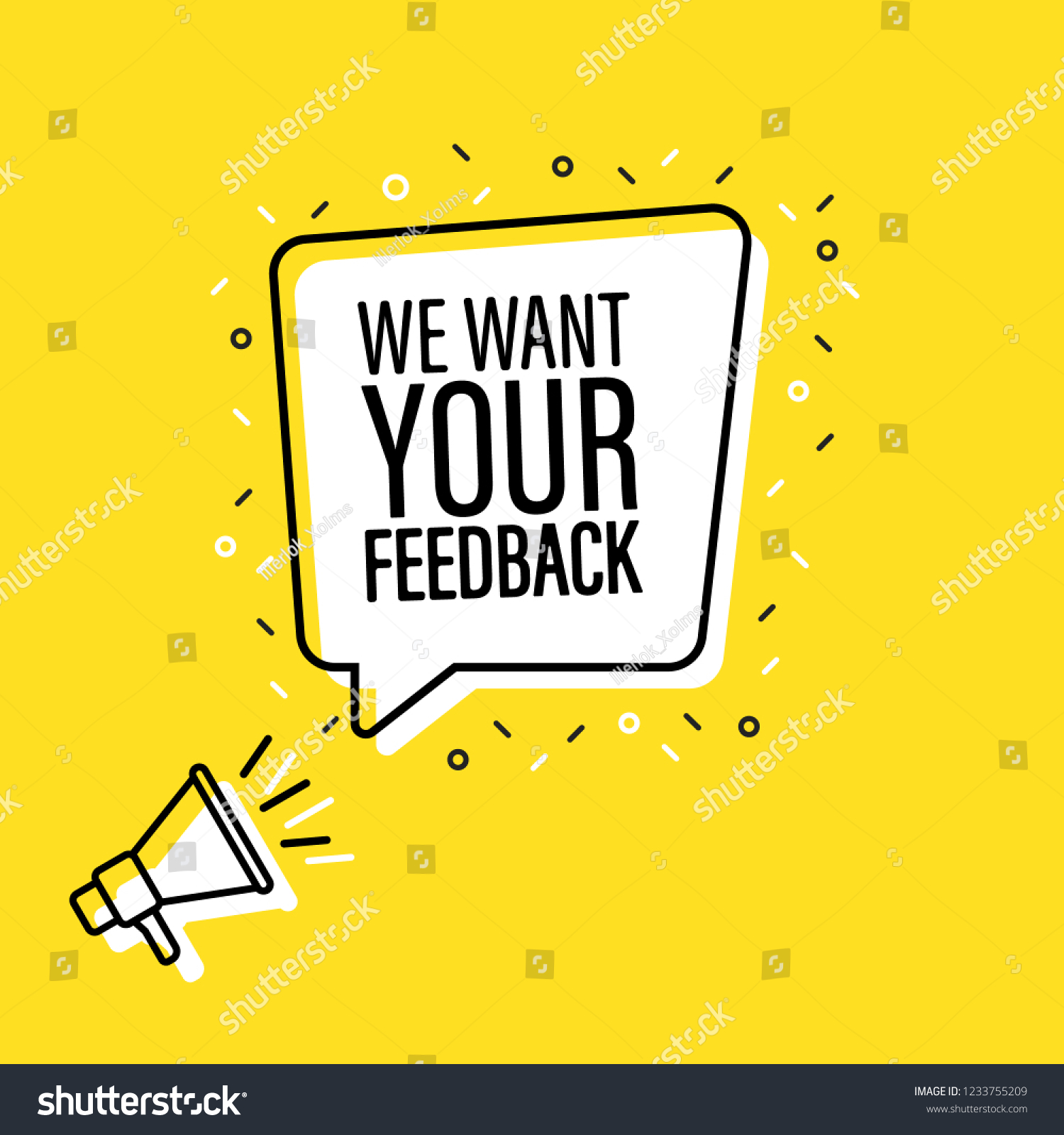 Male hand holding megaphone with We want your feedback speech bubble. Loudspeaker. Banner for business, marketing and advertising. Vector illustration. #1233755209