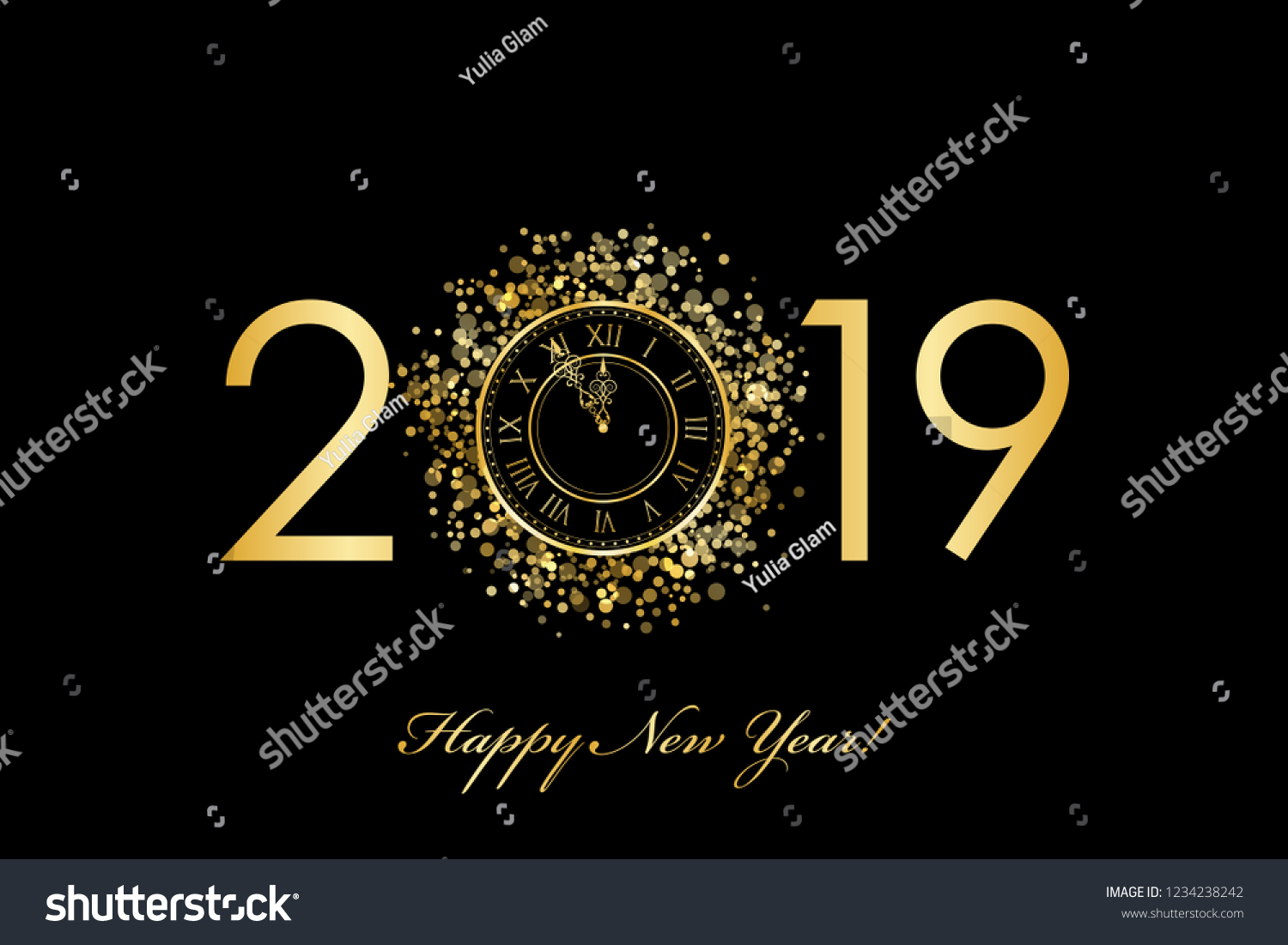 Vector 2019 Happy New Year background with gold clock on black #1234238242