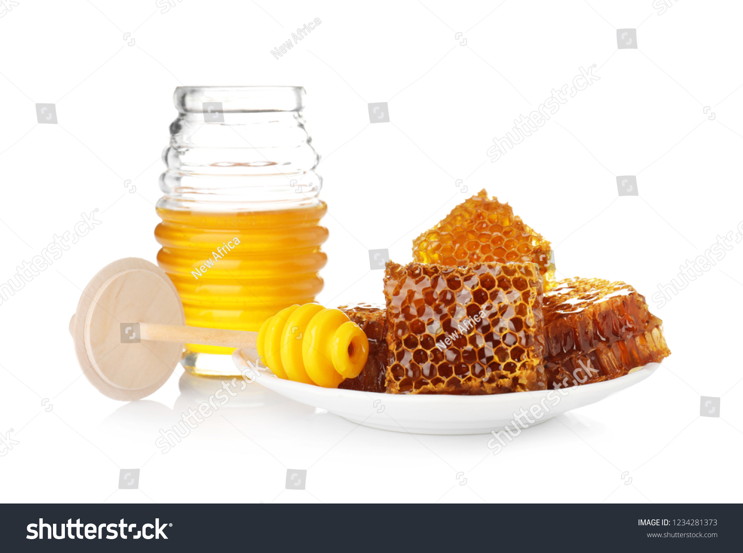 Composition with jar of honey on white background #1234281373