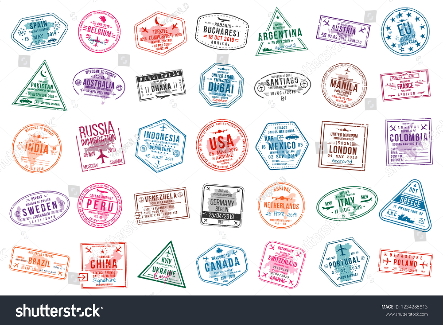 Airport Vector Set Stamp Immigration Travel Royalty Free Stock Vector 1234285813