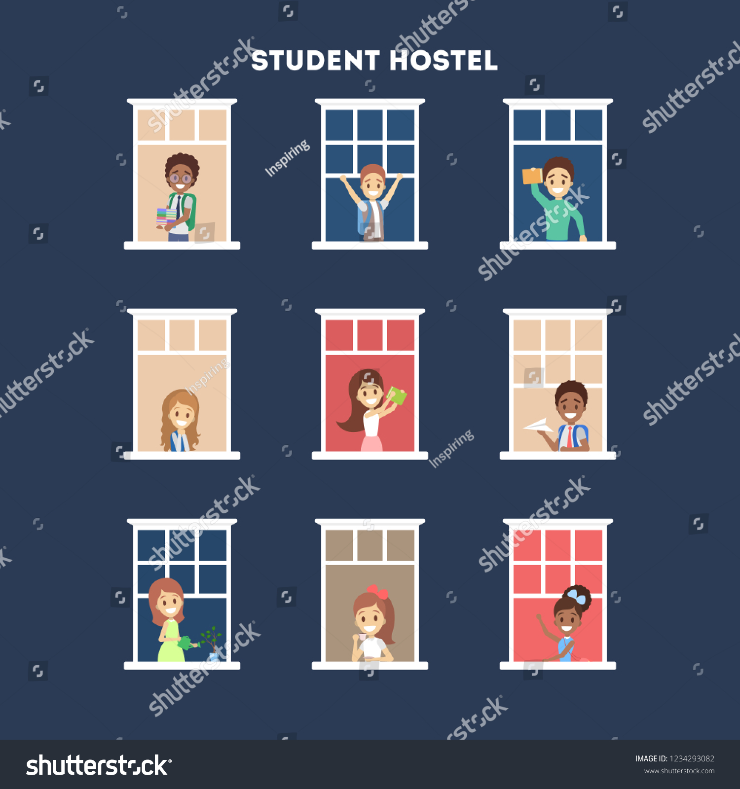 People looking out of the window in hostel set. Neighbors children in their apartment. Flat vector illustration #1234293082