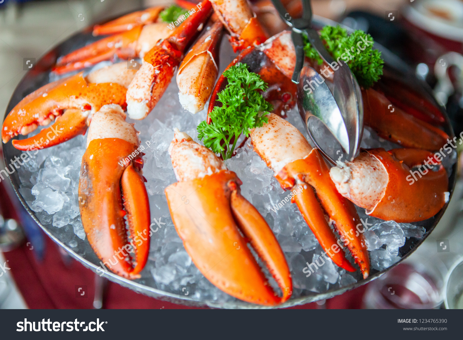 Simple yet delicious. Claws of fresh and tasty bright red poached Maine Lobster or American lobster seafood on ice. Contain cholesterol, but low in saturated fat and also have omega-3 fatty acid. #1234765390