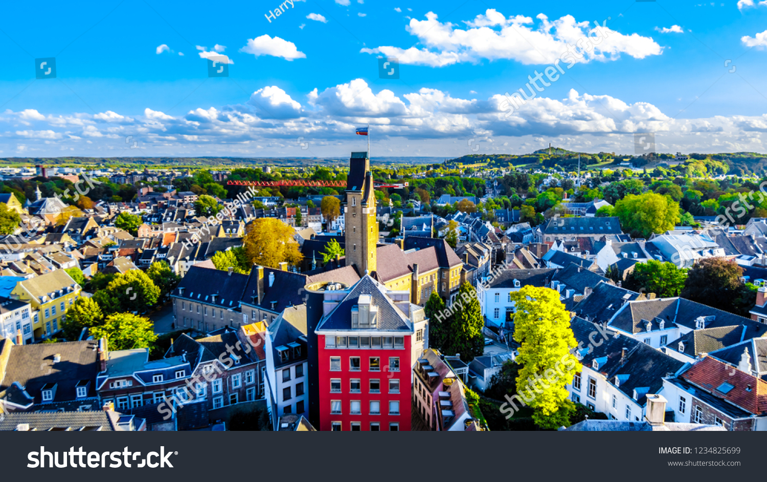 Aerial view of the historic city of Maastricht in the Netherlands as seen from the tower of the Sint Janskerk (St.John Church) which is at the Vrijthof square in the center of the city #1234825699