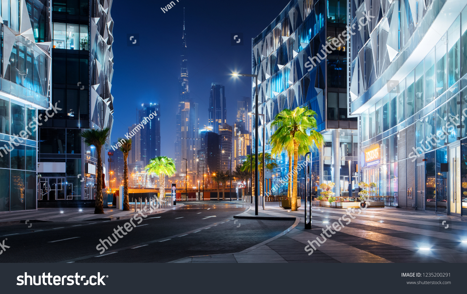 Beautiful view to Dubai downtown city center skyline from Design District at night, United Arab Emirates #1235200291