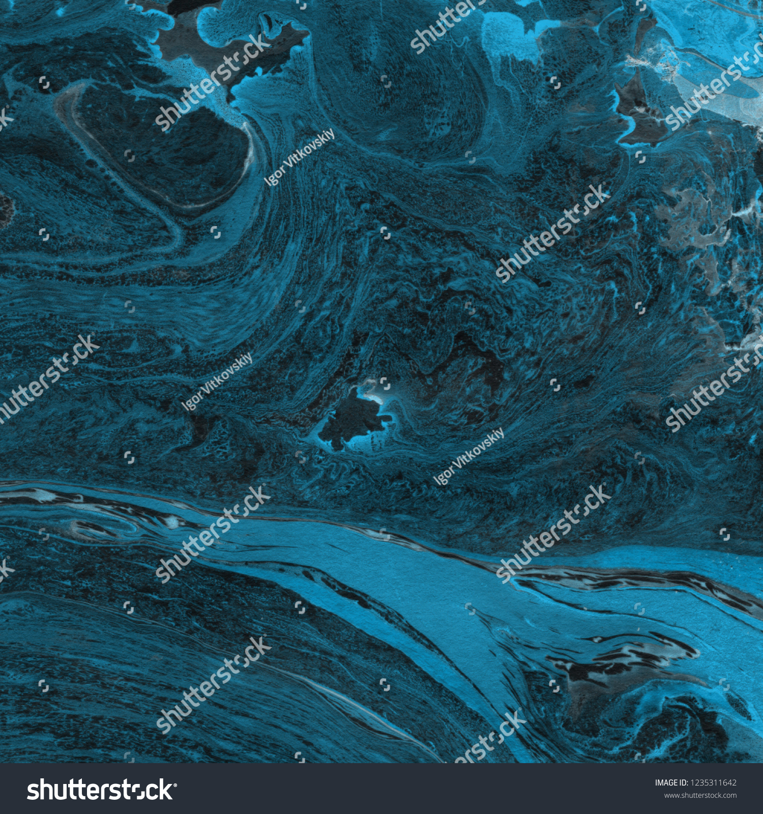  Winter blue marble ink paper textures on dark watercolor background. Chaotic abstract organic design. Bath bomb waves. #1235311642