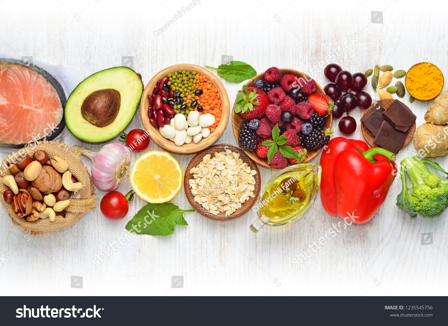Selection of nutritive food - heart, cholesterol, diabetes. Flat lay, top view, copy space. #1235545756