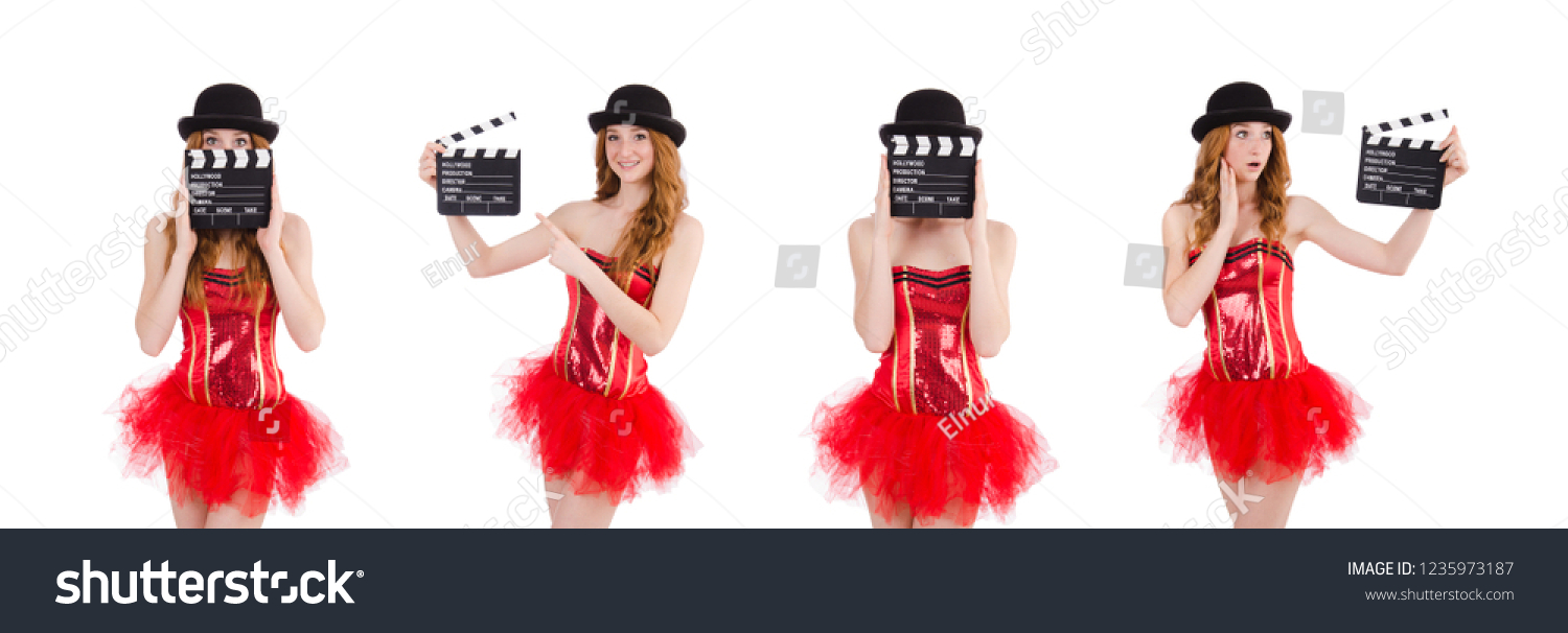 Young fairy with clapperboard isolated on white #1235973187