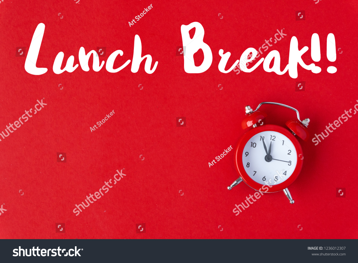 Vintage free time in office holiday hour red background concept alarm clock on work holiday, paper color in minimal style, take time template for break, break lunchtime at school for lunch. #1236012307