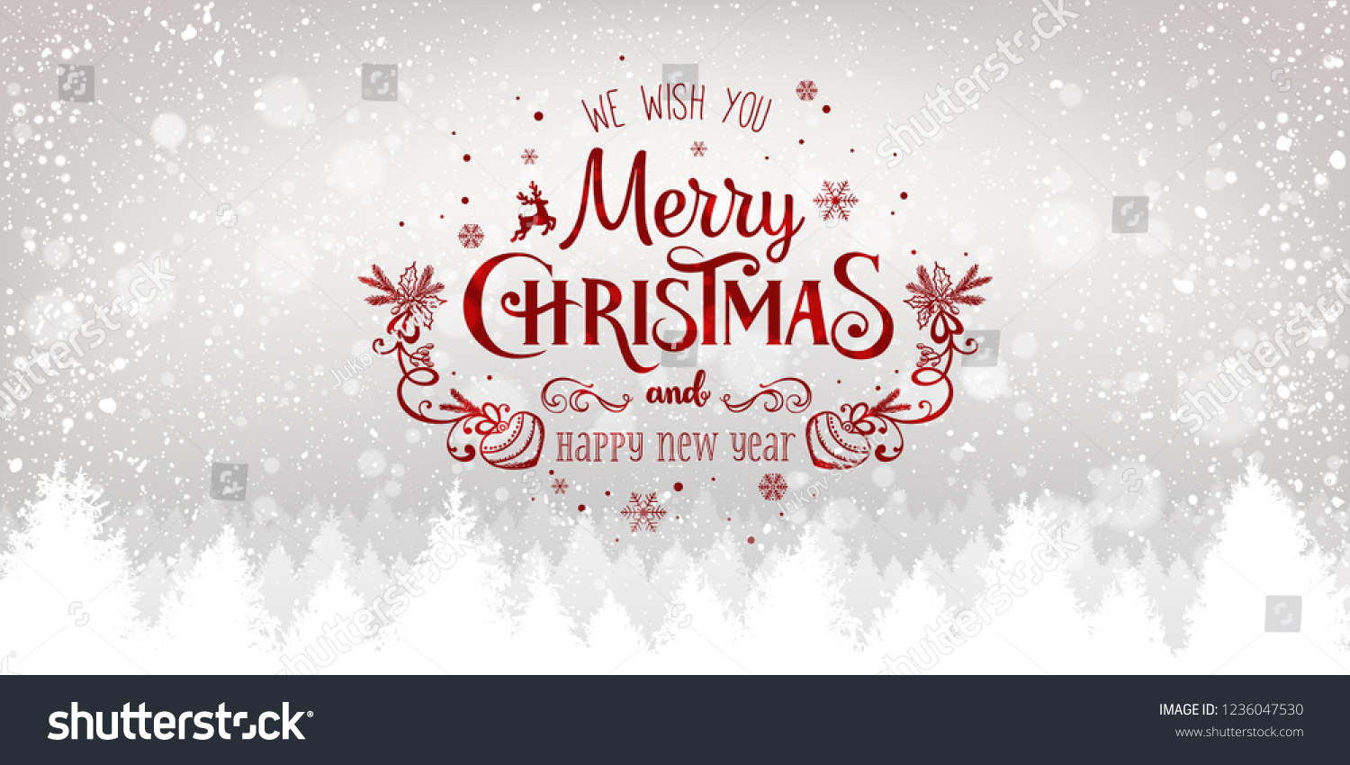 Christmas and New Year Typographical on snowy Xmas background with winter landscape with snowflakes, light, stars. Merry Christmas card. Vector Illustration #1236047530