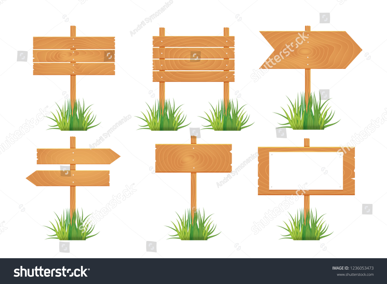 Wooden blank board signs spring time with grass.  illustration. #1236053473