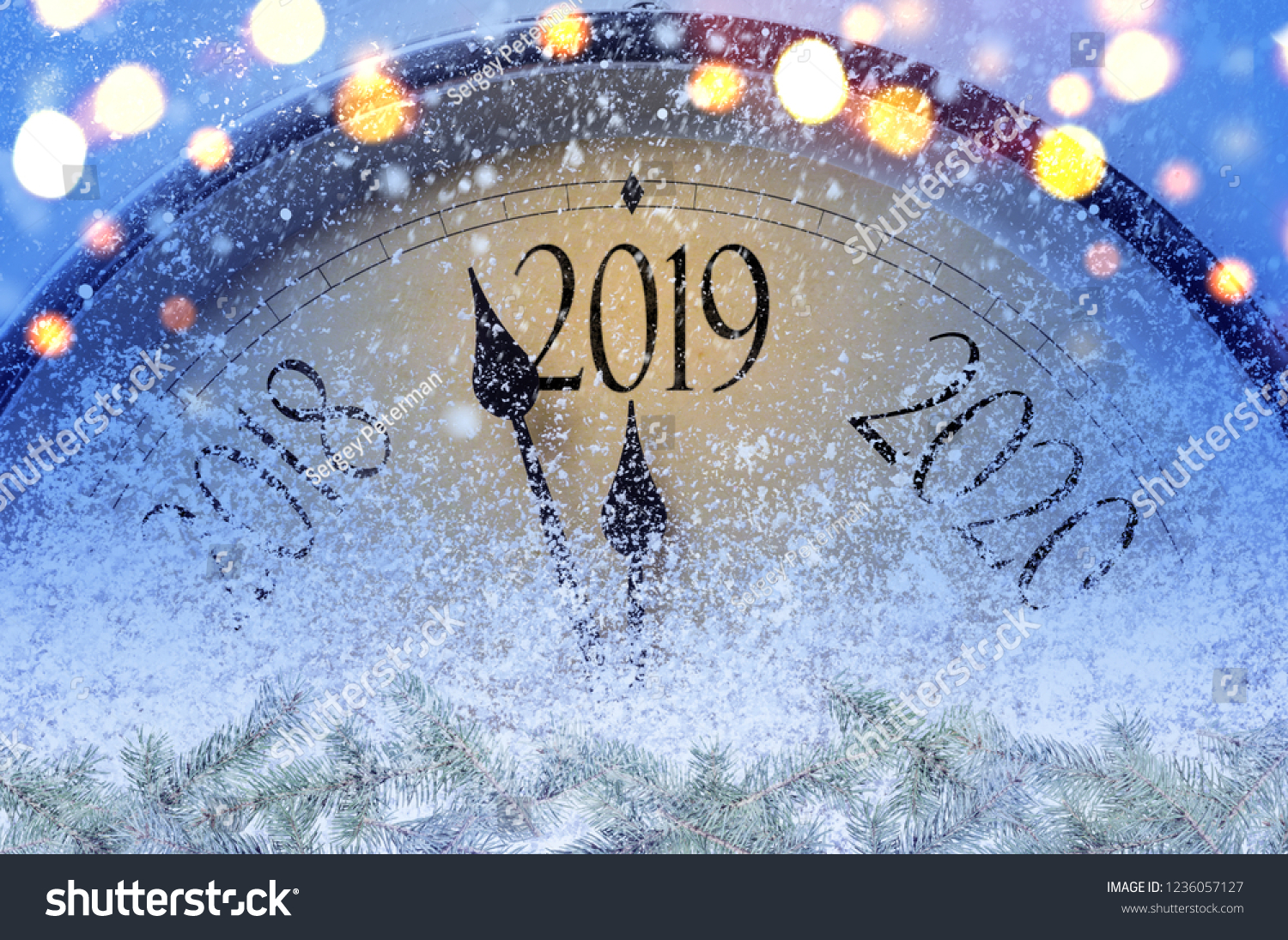 Countdown to midnight. Retro style clock counting last moments before Christmass or New Year 2019. #1236057127