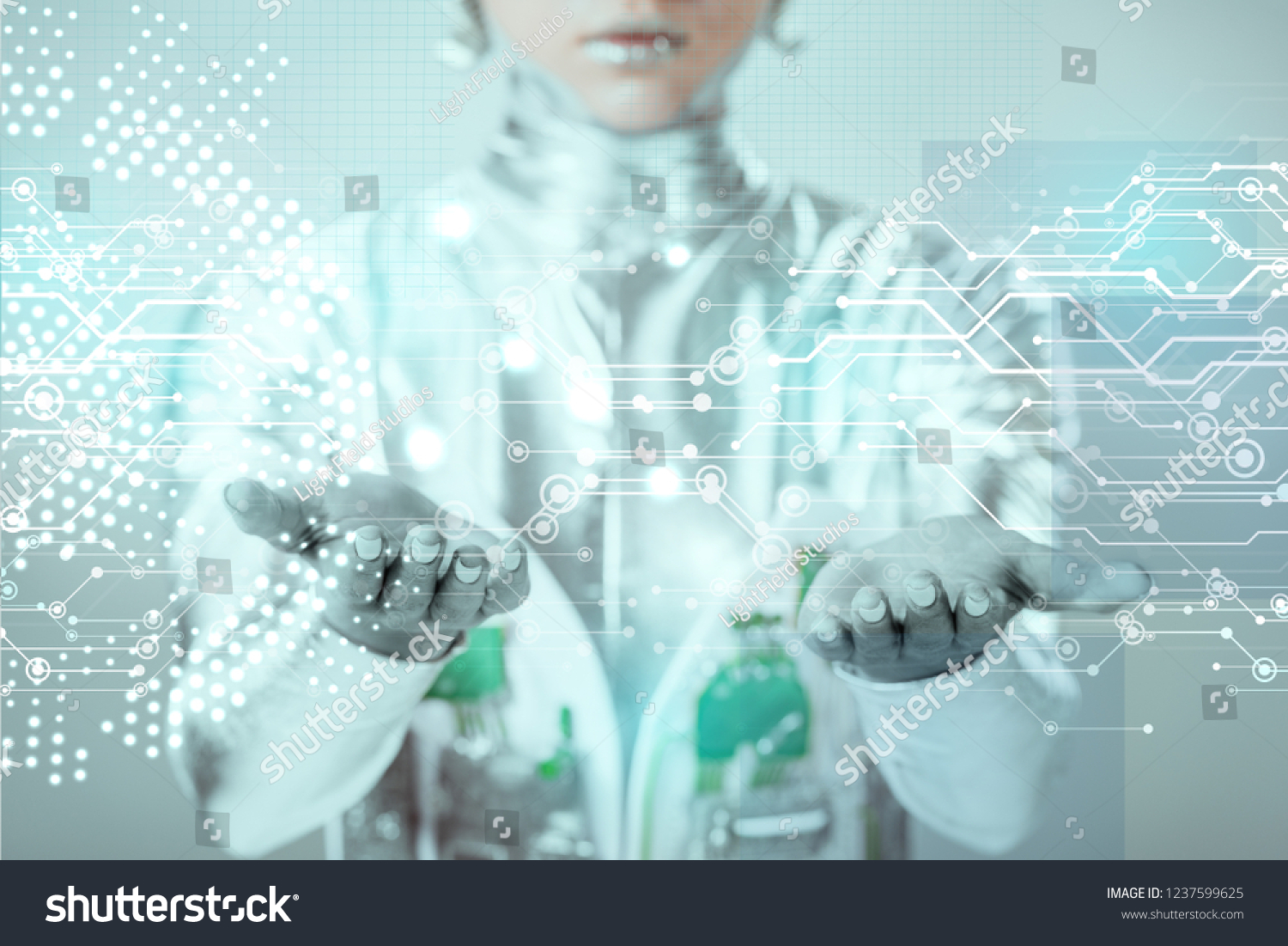 close-up view of robotic hands with digital data isolated on grey, future technology concept  #1237599625