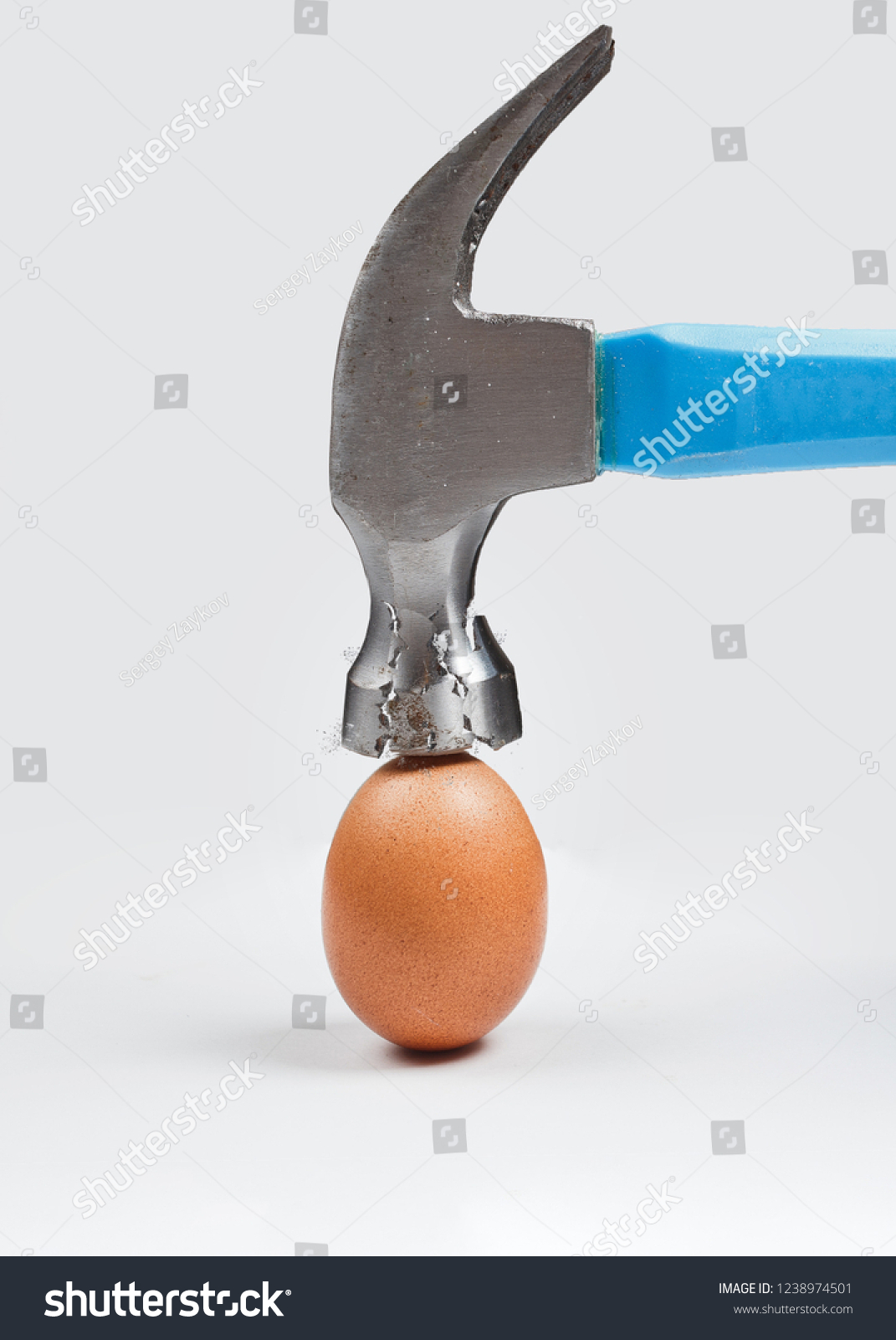 Hammer is breaking chicken egg. Concept of strength, durability, stress resistance and fortitude. #1238974501
