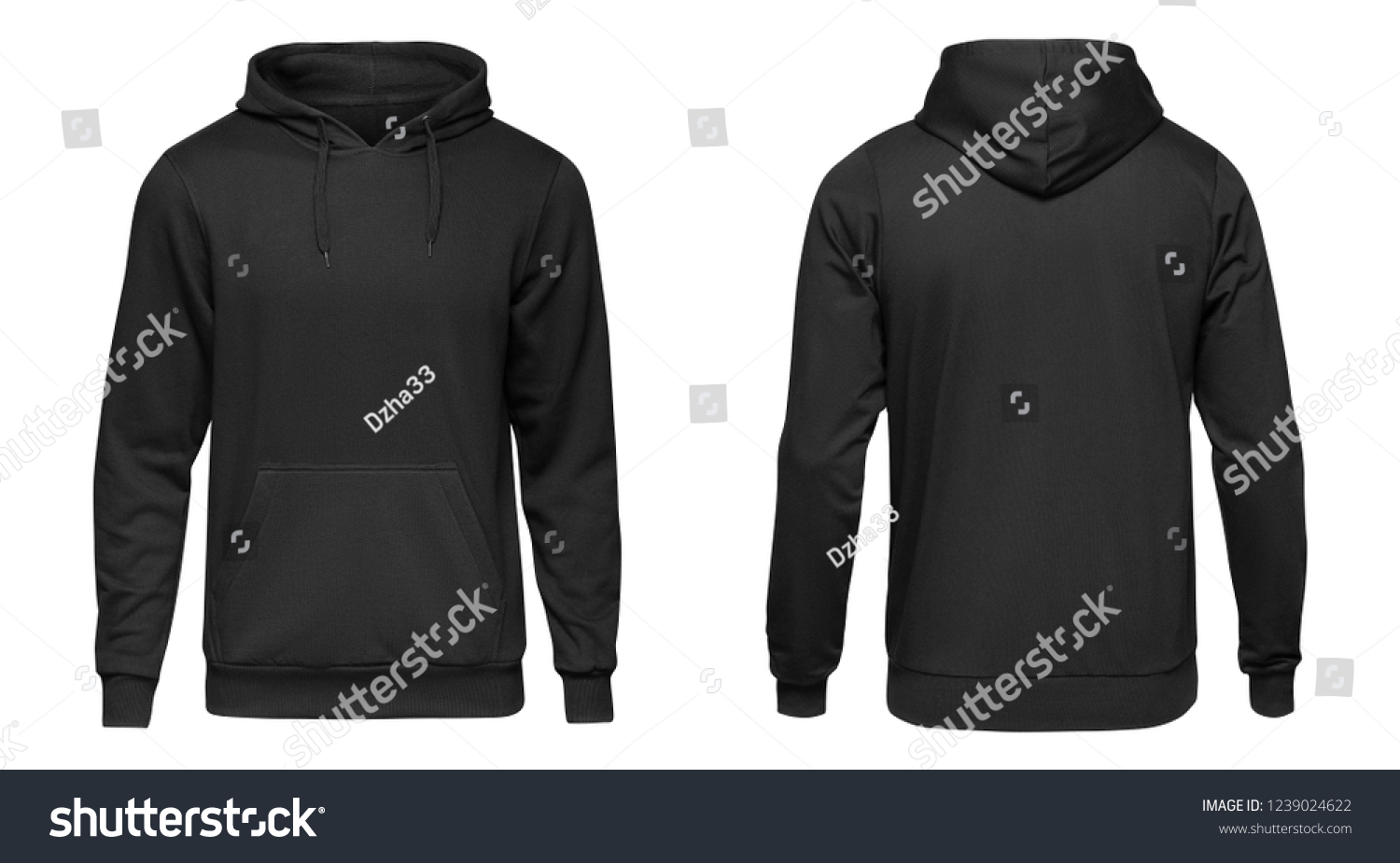 Blank black male hoodie sweatshirt long sleeve with clipping path, mens hoody with hood for your design mockup for print, isolated on white background. Template sport winter clothes. #1239024622