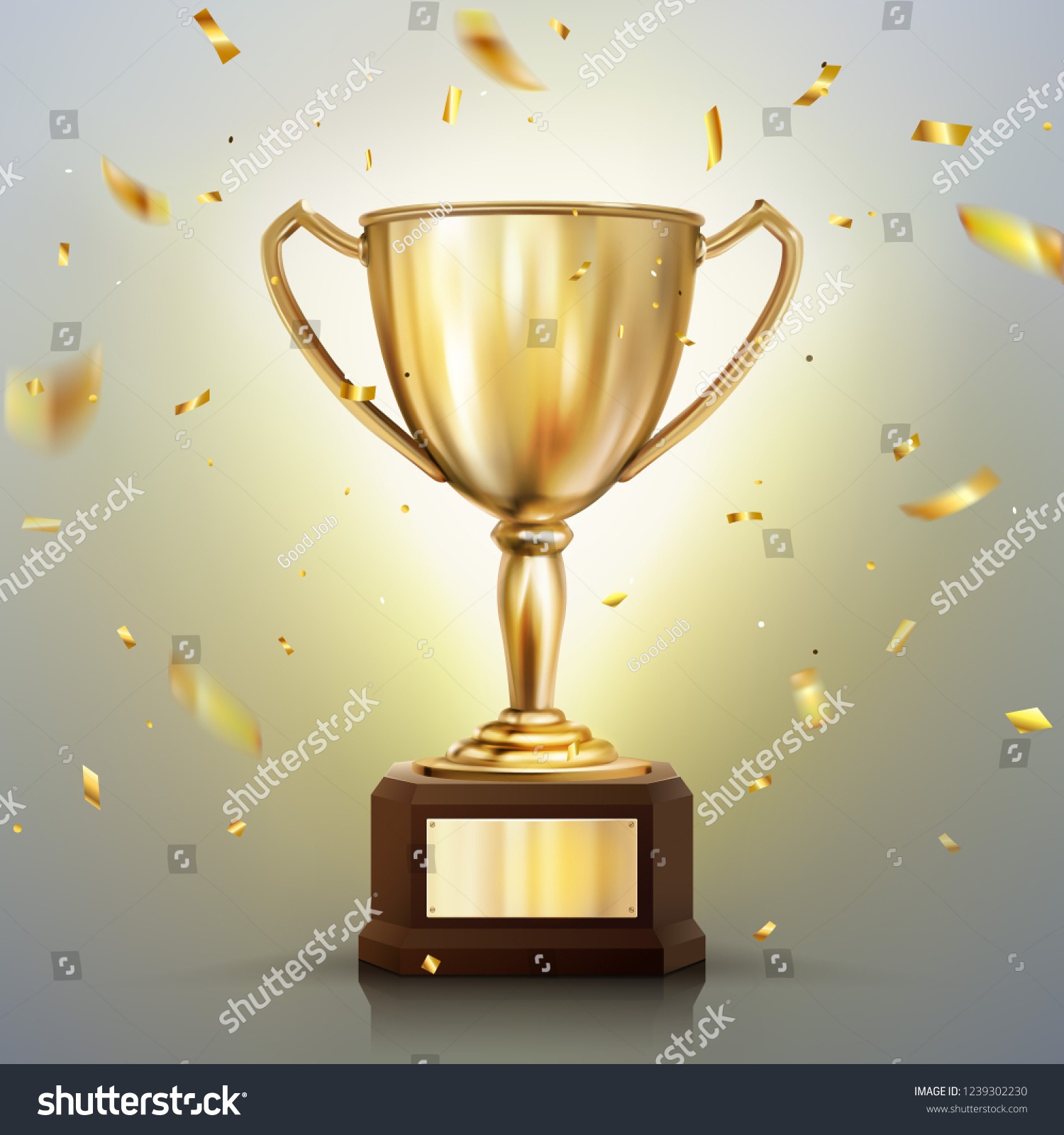 3d realistic vector golden cup isolated on white background. Championship trophy surrounded by falling confetti. Sports tournament award #1239302230