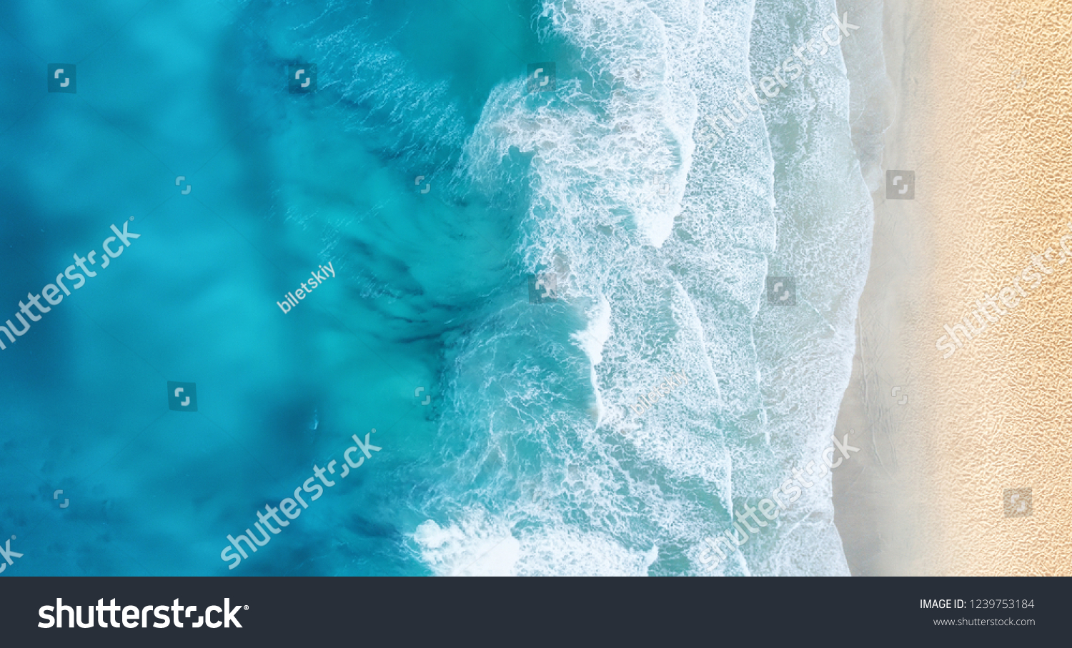 Beach and waves from top view. Turquoise water background from top view. Summer seascape from air. Top view from drone. Travel concept and idea #1239753184
