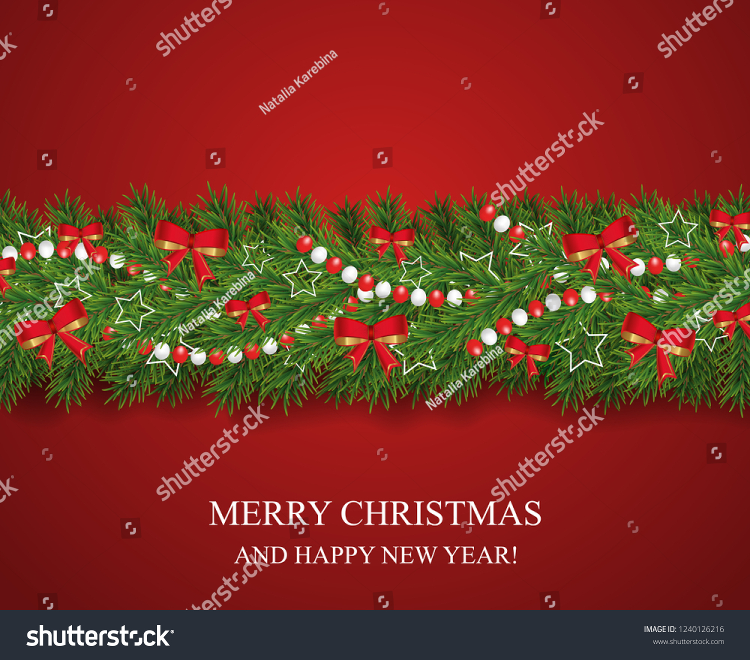 Christmas and happy New Year garland and border of realistic looking Christmas tree branches decorated with red bows, white stars and beads. Horizontal vector illustration. #1240126216