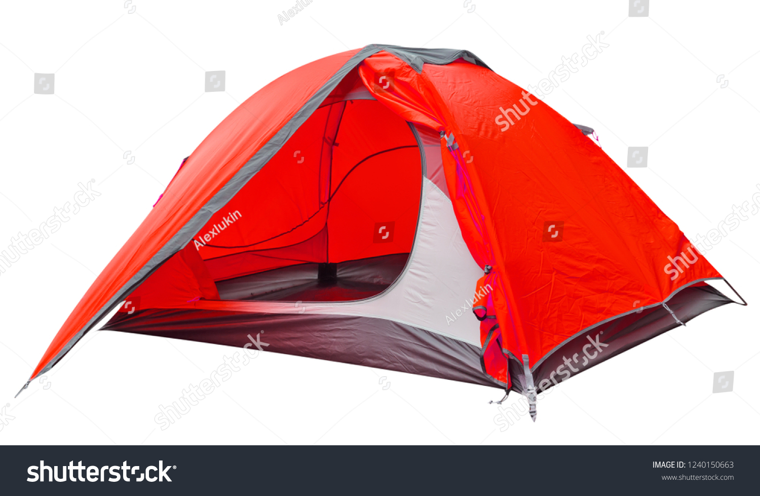 Red open tourist tent isolated on white background #1240150663