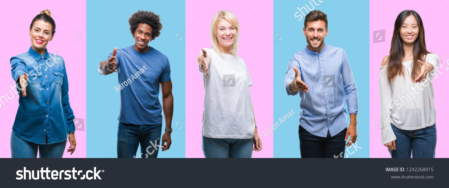 Collage of group of young casual people over colorful isolated background smiling friendly offering handshake as greeting and welcoming. Successful business. #1242268915
