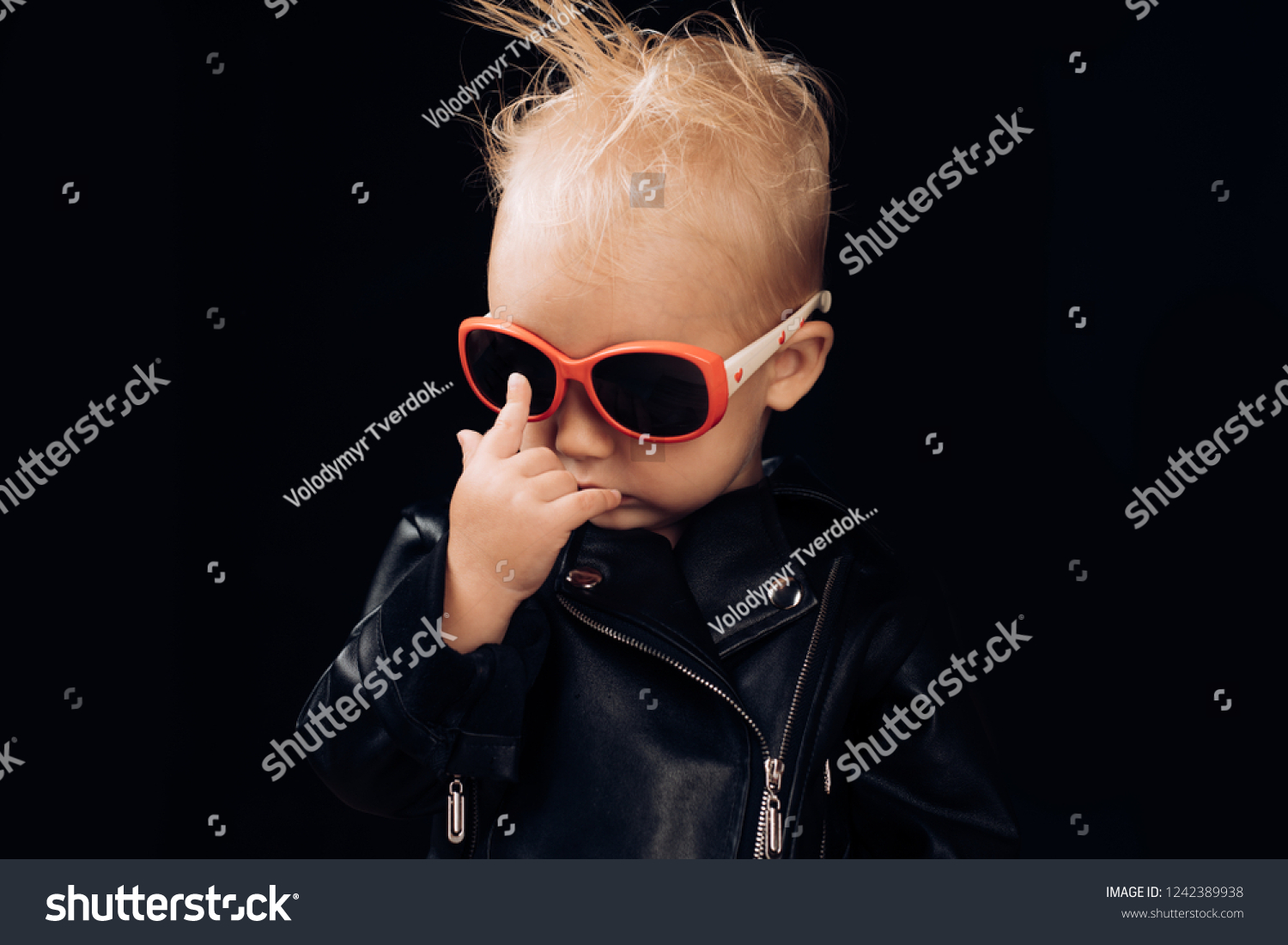 Born to be rock and roll star. Adorable small music fan. Little child boy in rocker jacket and sunglasses. Little rock star. Rock style child. Rock and roll fashion trend. Music for children. #1242389938
