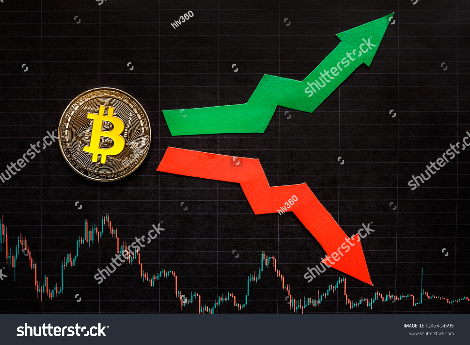 fluctuations  and forecasting of exchange rates of virtual money bitcoin. Red and green arrows with golden Bitcoin ladder on black paper forex chart background. Cryptocurrency concept. #1243404595