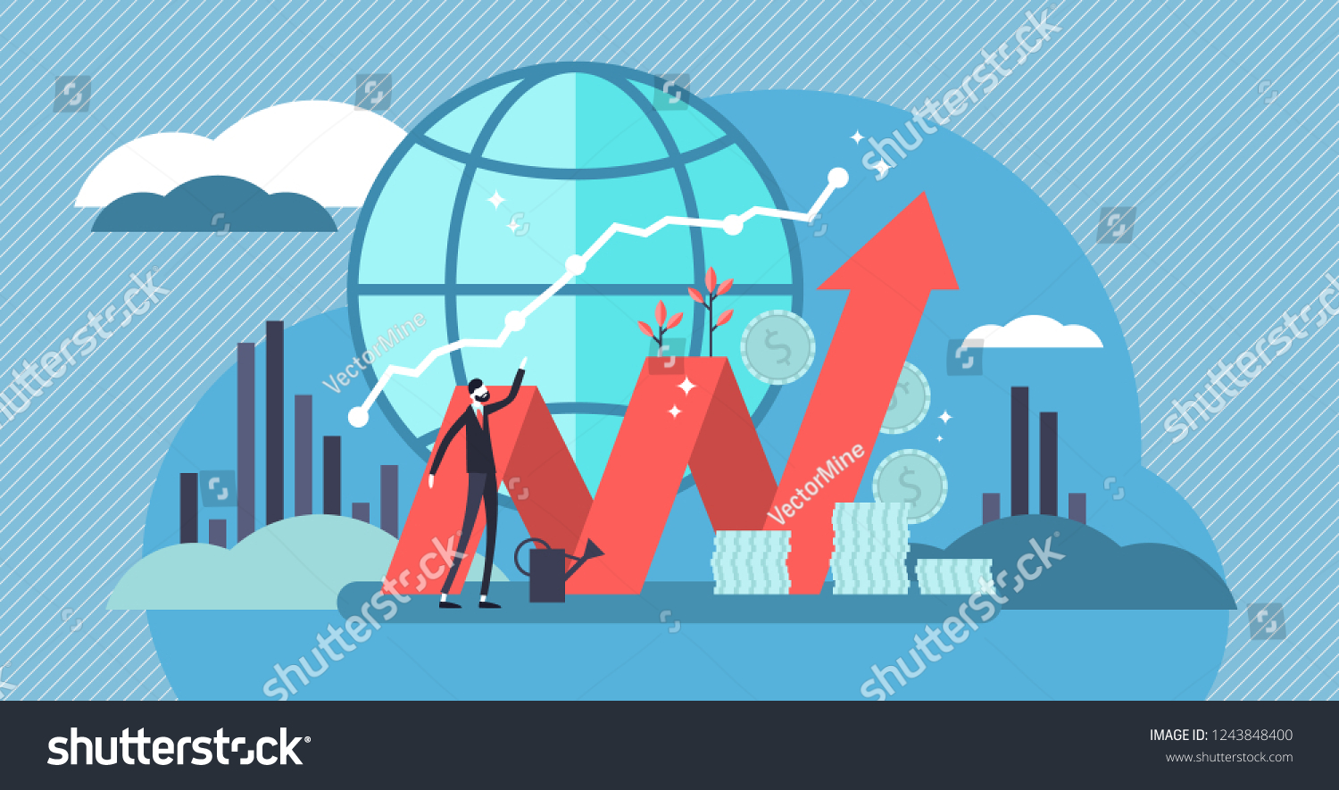 Stock market vector illustration. Flat mini money growth persons concept with positive and successful indicators. Global investment business value improvement. Finance and economy profit with coins. #1243848400