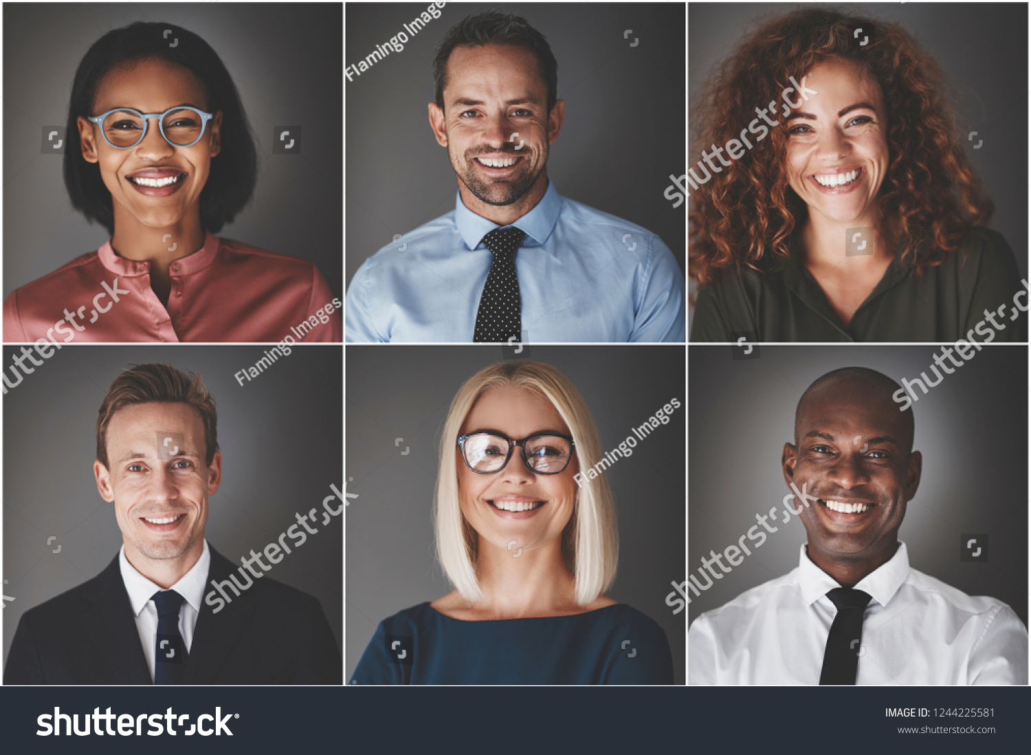 Collage of an ethnically diverse group of smiling businessmen and businesswomen against a gray background #1244225581