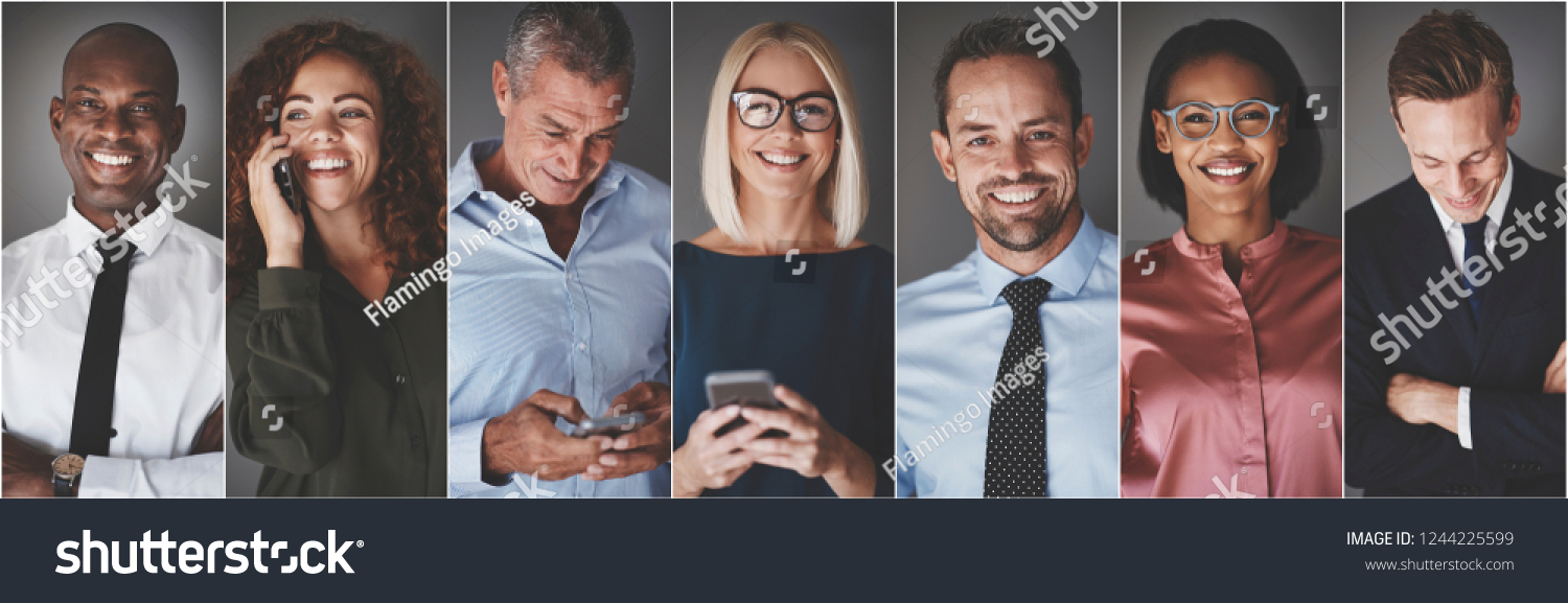 Collage of a group of diverse businesspeople smiling while text messaging or talking on their cellphones #1244225599