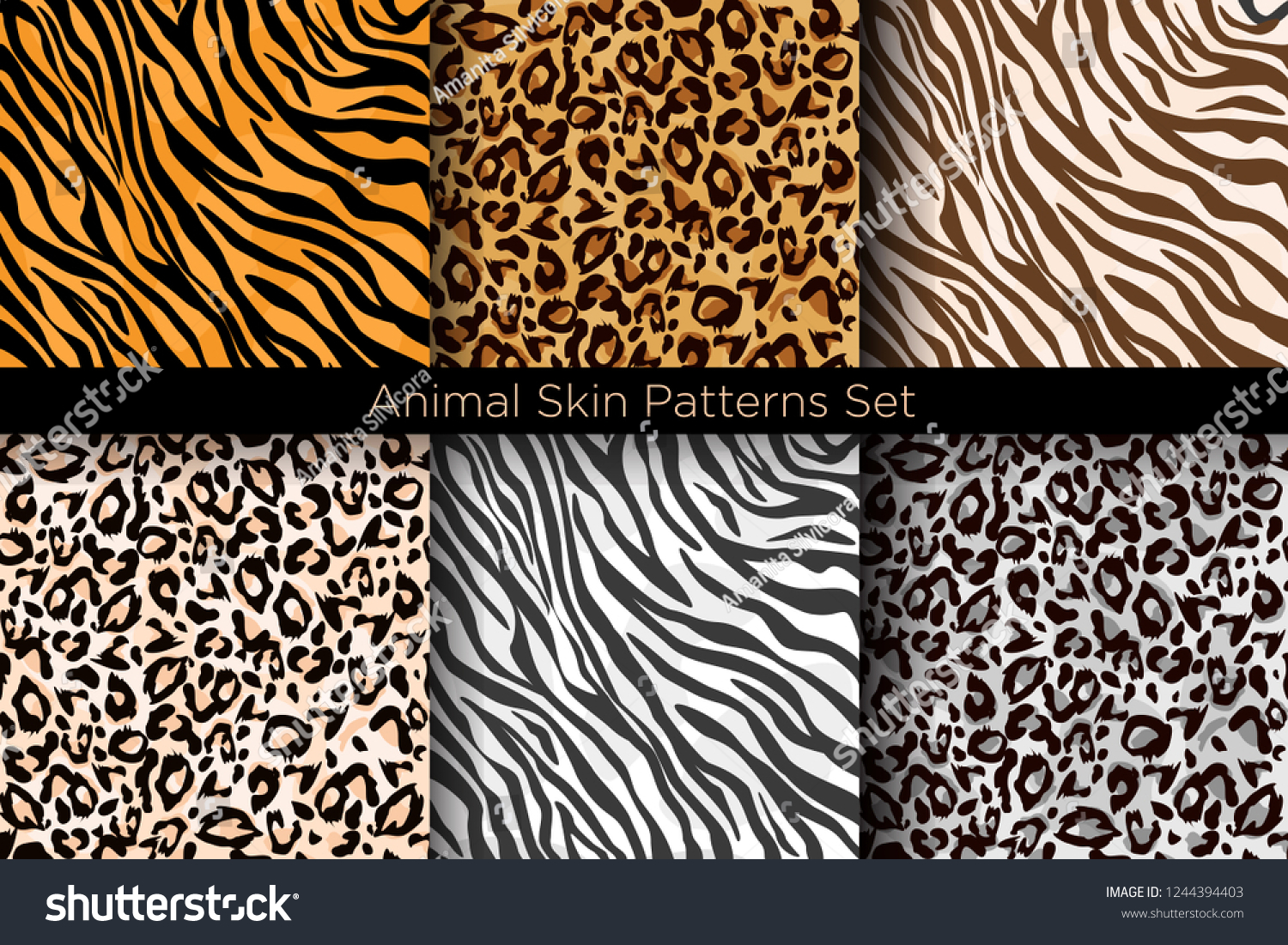 Vector illustration set of animal seamless prints. Tiger and leopard patterns collection in different colors in flat style. #1244394403