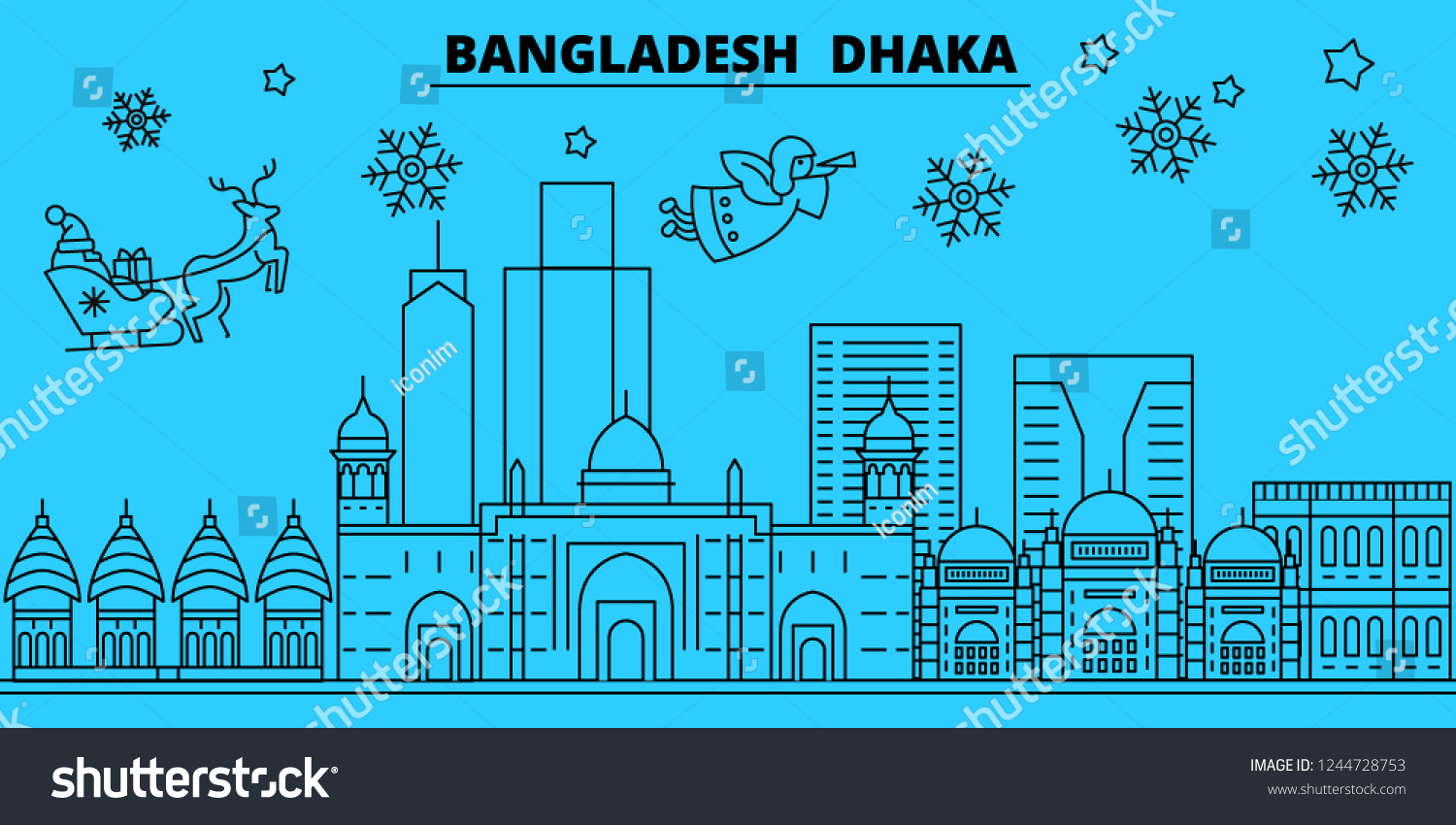 Bangladesh, Dhaka winter holidays skyline. Merry Christmas, Happy New Year decorated banner with Santa Claus.Flat, outline vector.Bangladesh, Dhaka linear christmas city illustration #1244728753