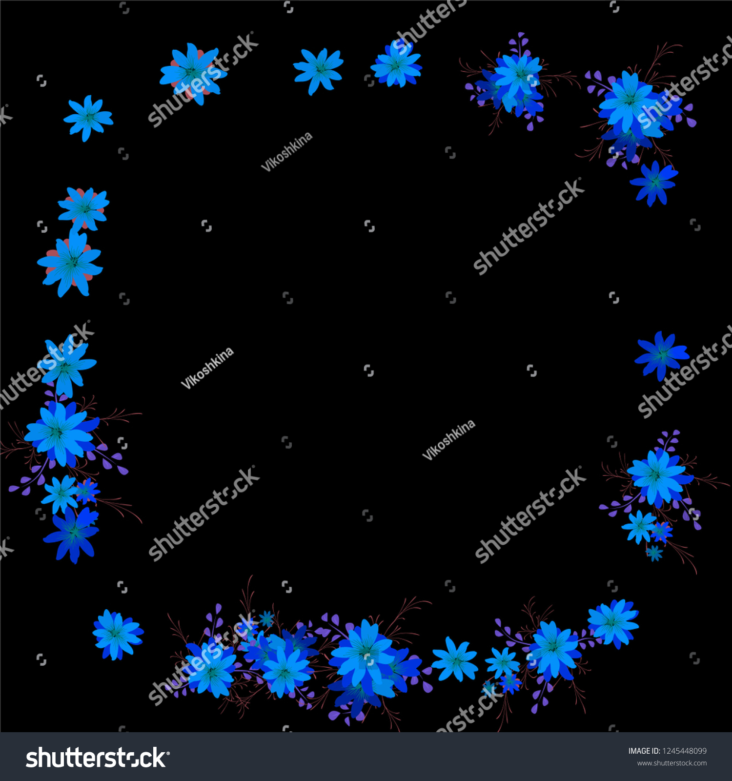 Floral Frame. Vector Square Pattern with Small Wild Flowers for Print, Brochure, Poster. Floral Decoration for Wedding or Birthday Invitation. Colorful Design on Black Background. #1245448099